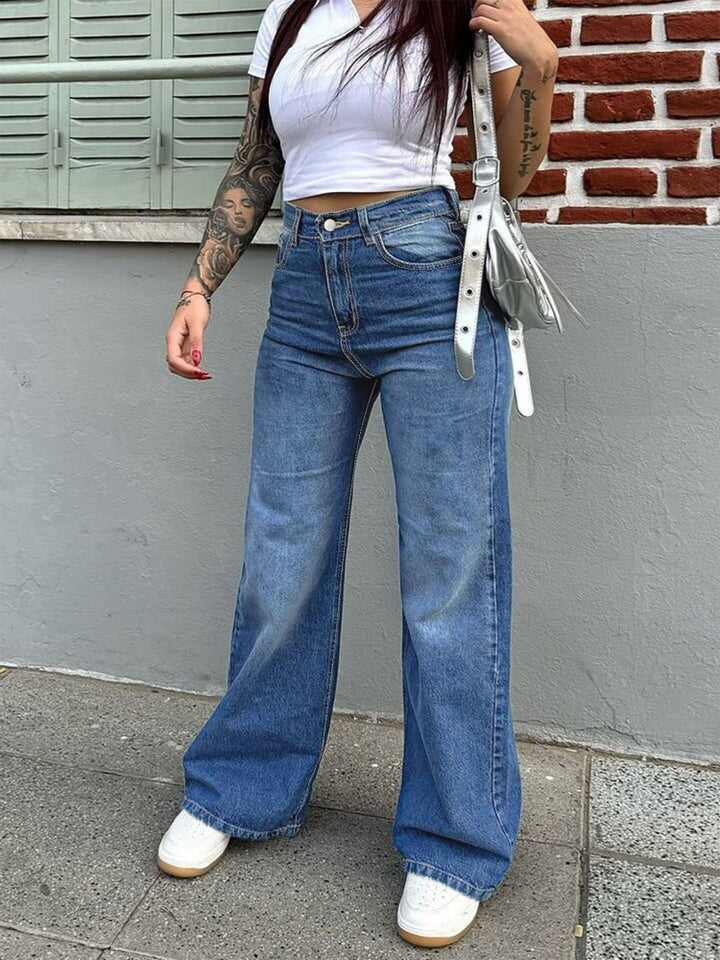 High-elasticity zipper slim-fit wide-leg jeans