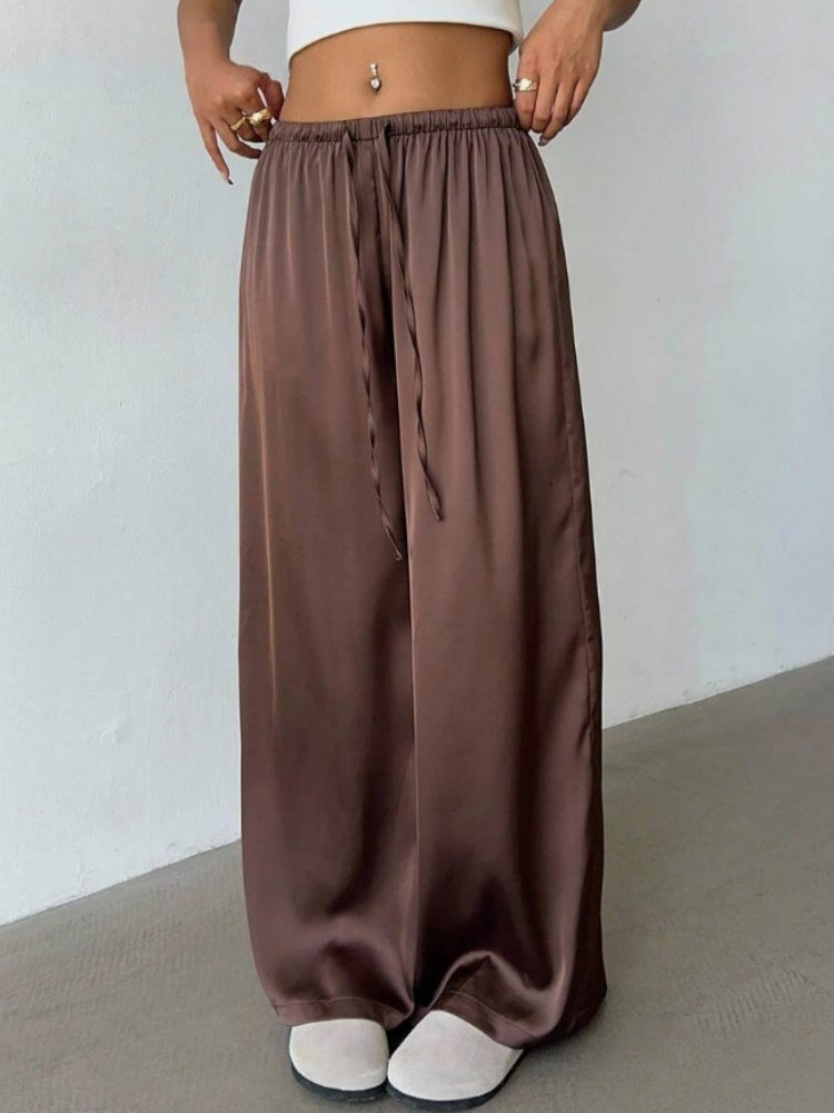 Satin High-Waisted Wide Leg Pants - Elastic Drawstring Flowy Trousers