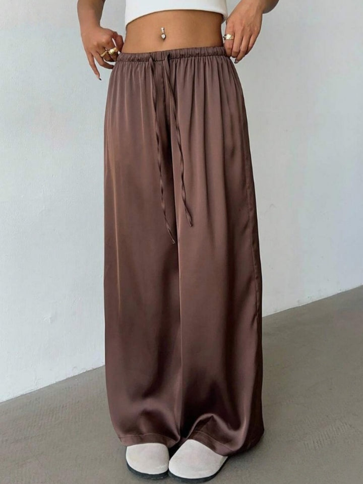 Satin High-Waisted Wide Leg Pants - Elastic Drawstring Flowy Trousers