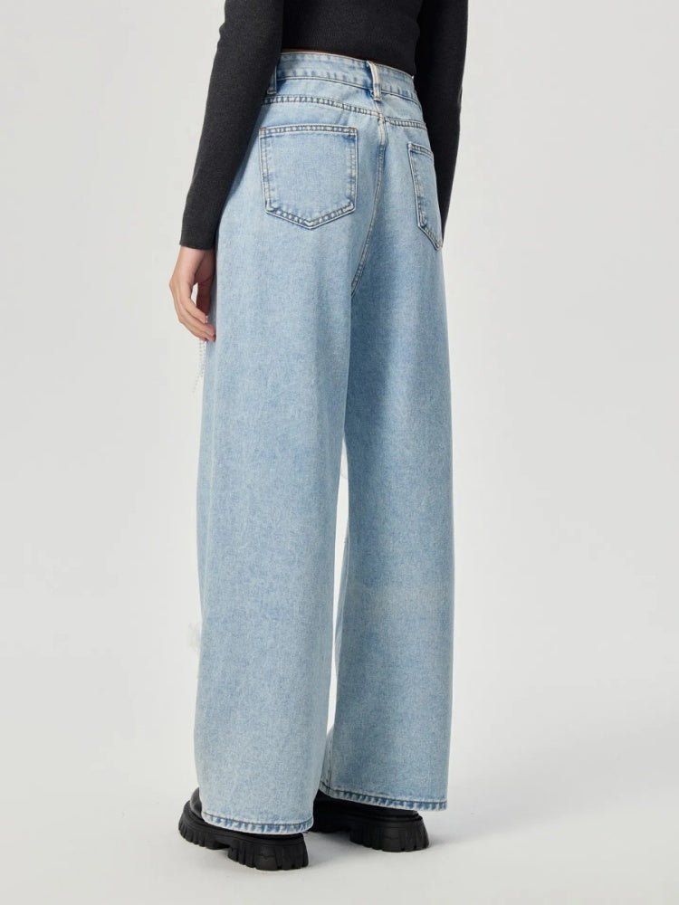 High Waist Wide Leg Jeans With Tulle Bow &amp; Pearl Tassel Decor