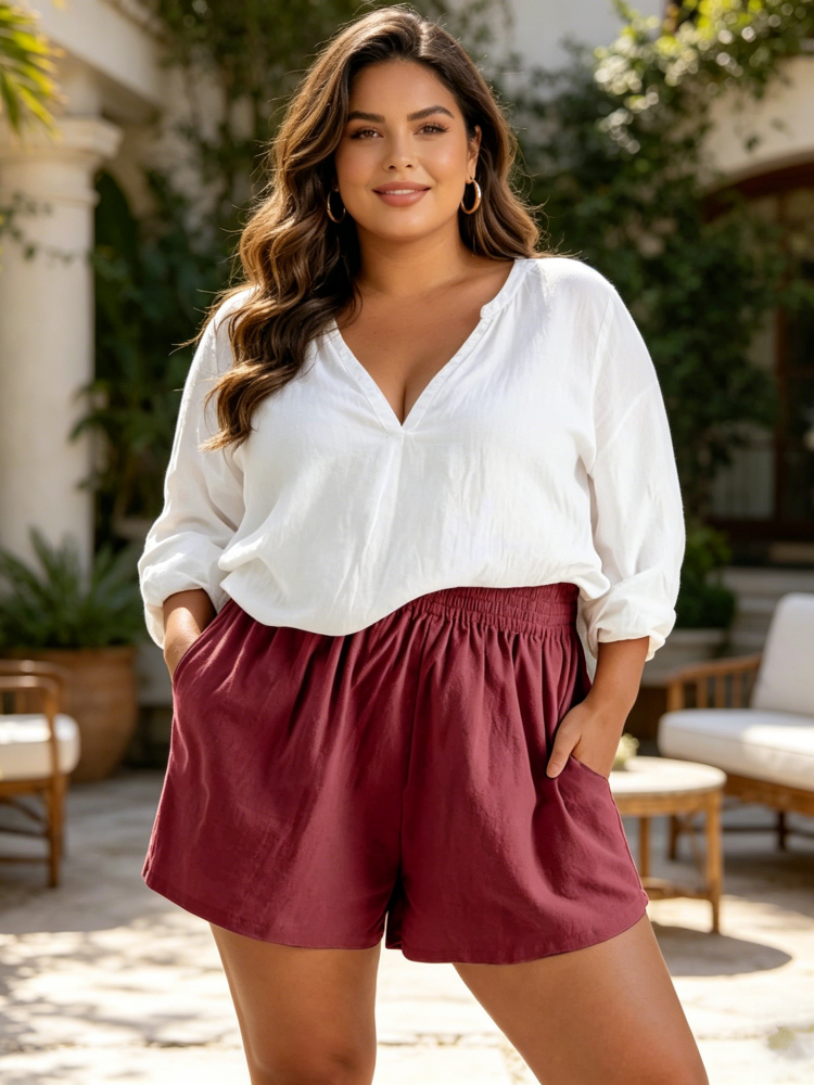 High Waisted Elastic Waist Linen Blend Shorts