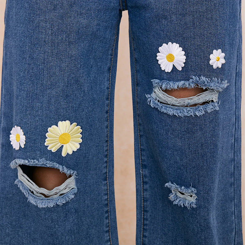 Daisy Embroidered Ripped Wide-Leg Jeans
