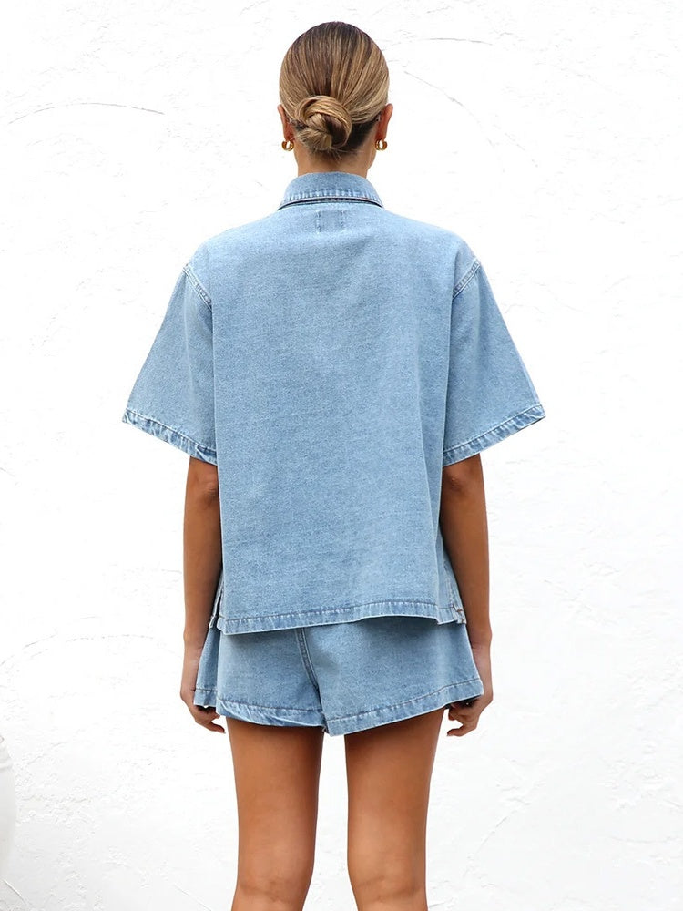 Denim Short Sleeve Shirt &amp; Elastic Waist Shorts Two-Piece Set