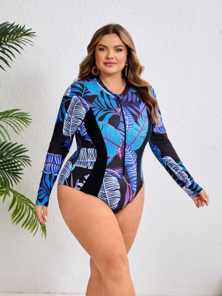 Plus Size Long Sleeve Zip Swimsuit – Slimming &amp; Sun Protection