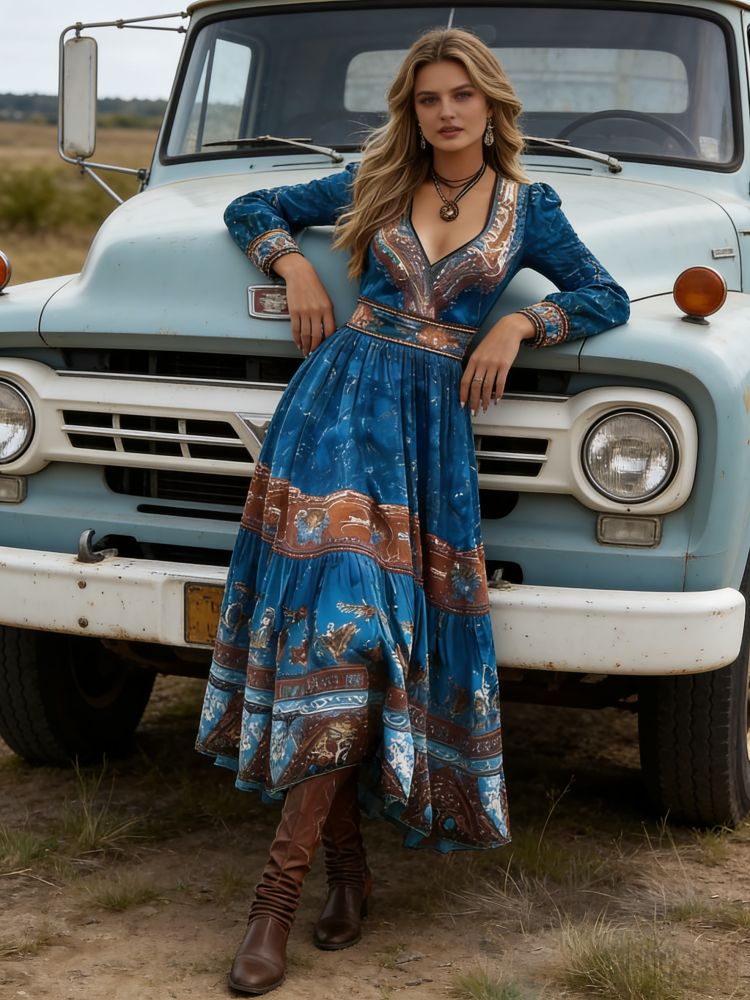 Boho Western Long Sleeve V-Neck Tiered Maxi Dress