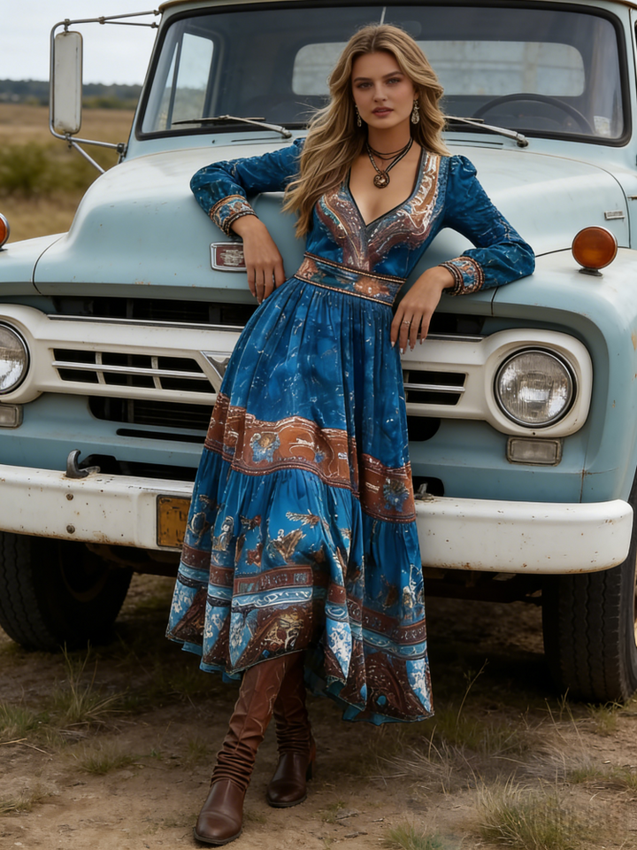 Boho Western Long Sleeve V-Neck Tiered Maxi Dress