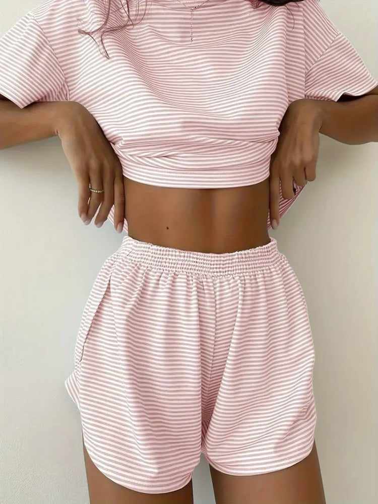 Striped Crop Top &amp; Curved Hem Shorts Set