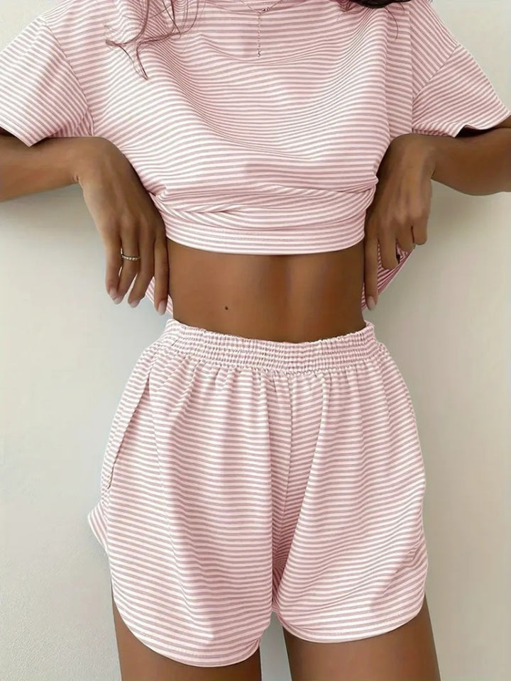 Striped Crop Top &amp; Curved Hem Shorts Set