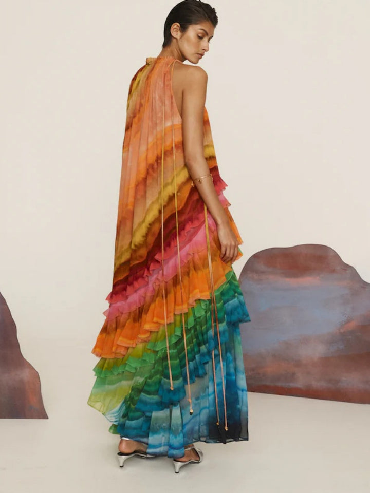 Rainbow Tie-Dye Halter Maxi Dress - Ruffled Chiffon Tiered Flowy Dress