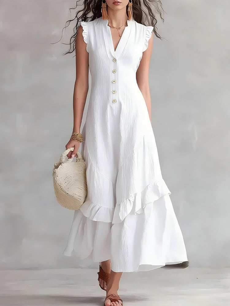 Elegant minimalist ruffled cotton linen sleeveless dress