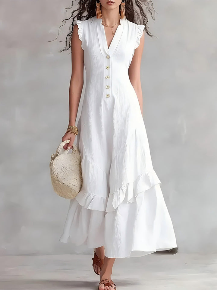 Elegant minimalist ruffled cotton linen sleeveless dress