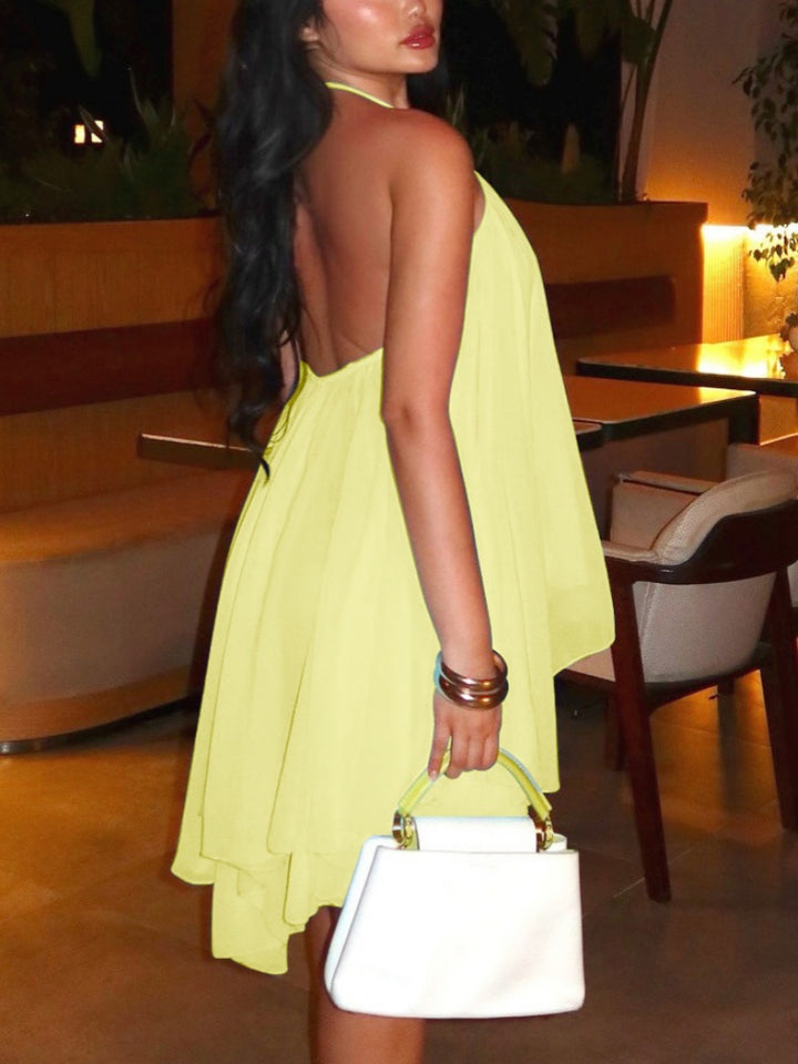 Halter Neck Ruffled Asymmetrical Mini Dress
