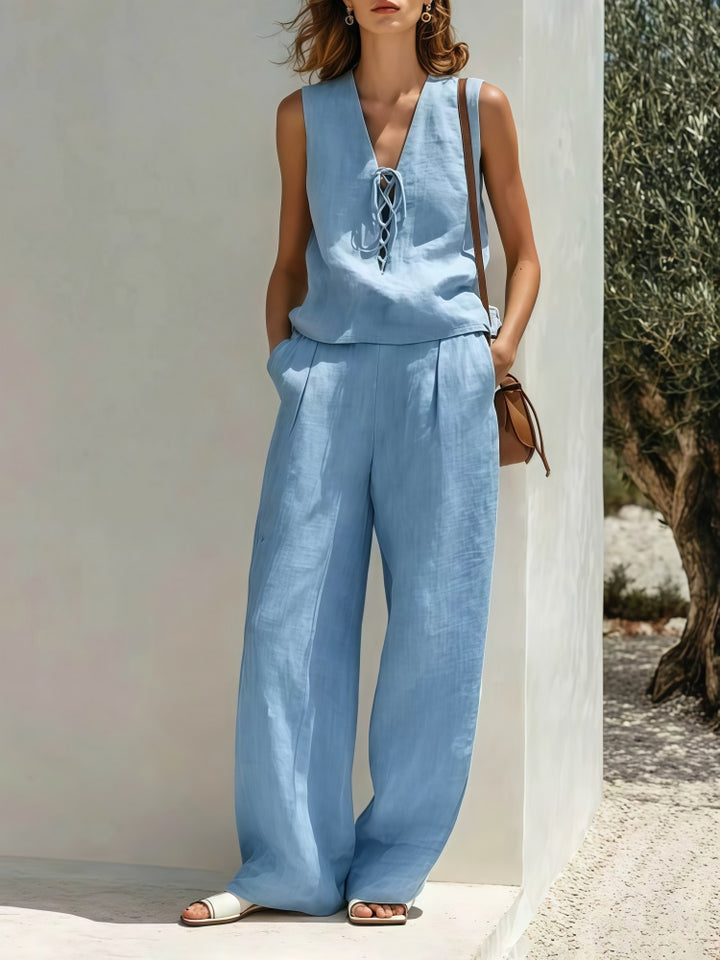 Minimalist tie-waistless top and wide-leg pants suit