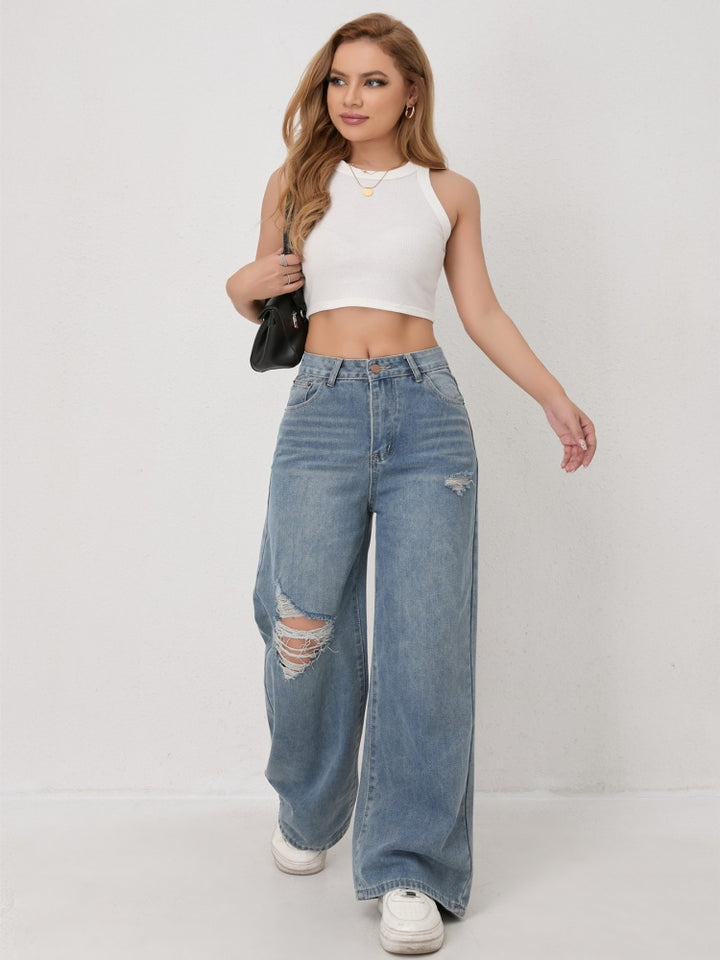 High Waist Hand Ripped Distressed Wide Leg Jeans
