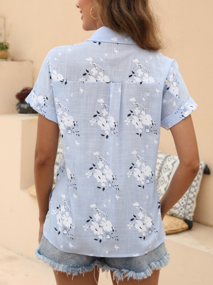 Floral Print Short Sleeve Cotton Blend Button-Down Shirt