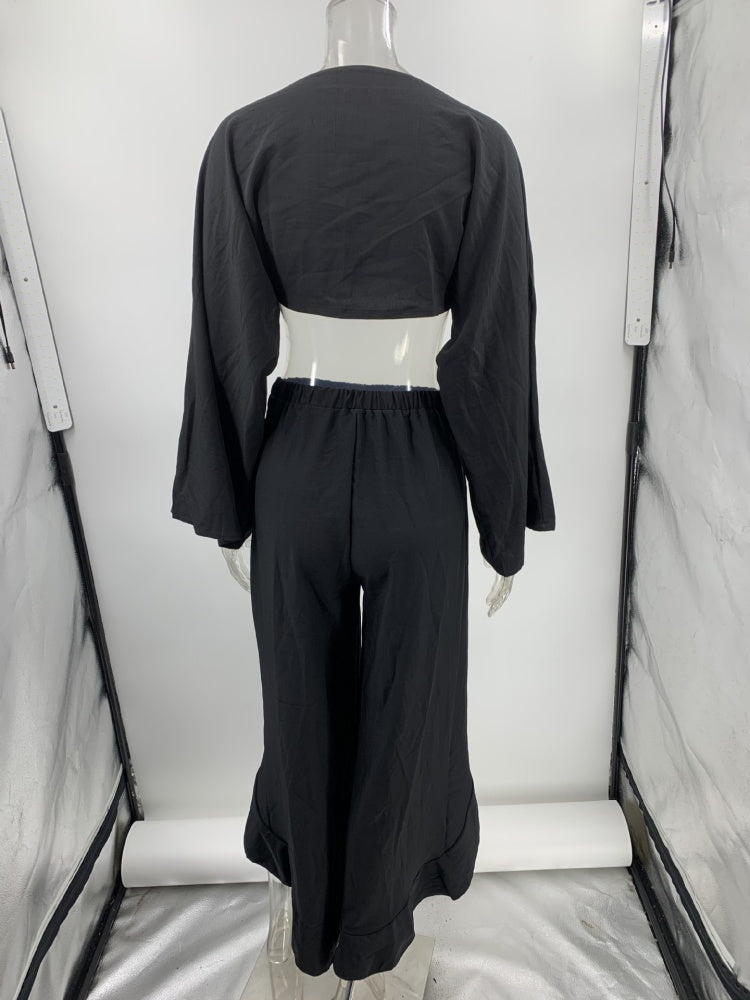 Crinkled Texture Long Sleeve Crop Top &amp; Wide Leg Pants Set