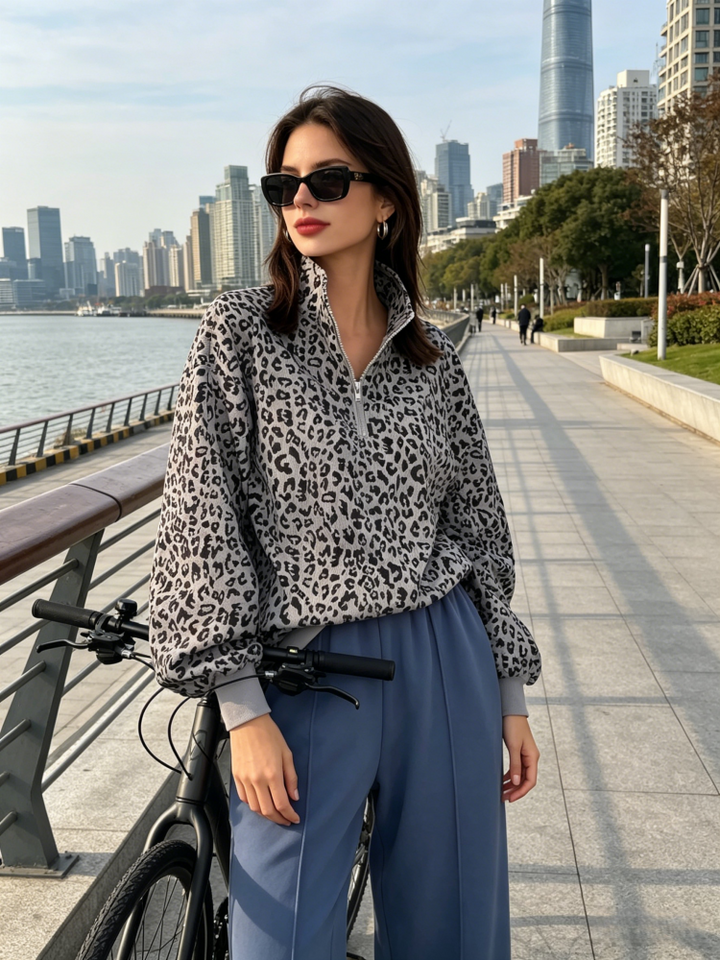 Leopard Print Corduroy Half-Zip Pullover