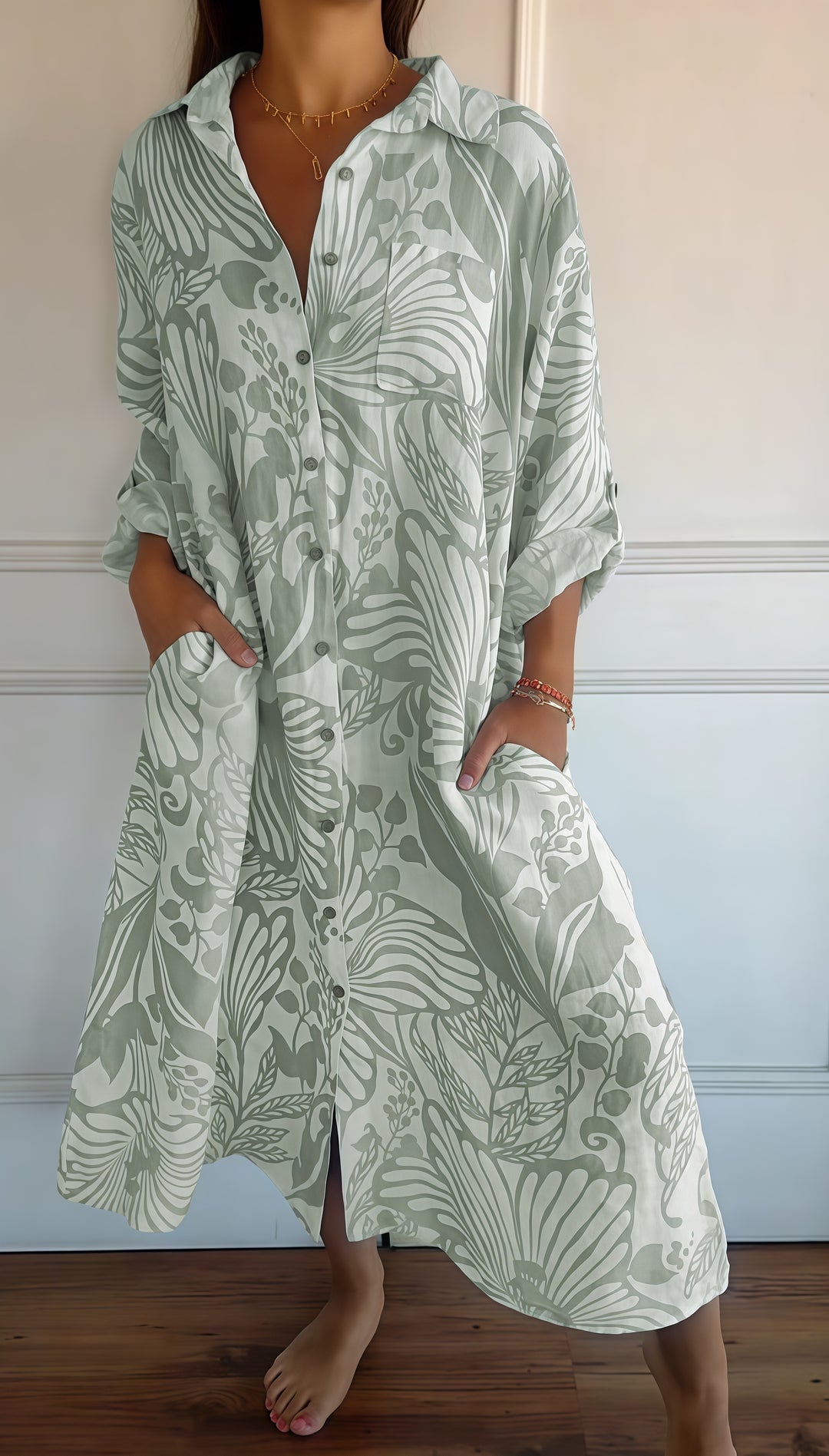 Women Tropical Leaf Print Button Down Shirt Dress