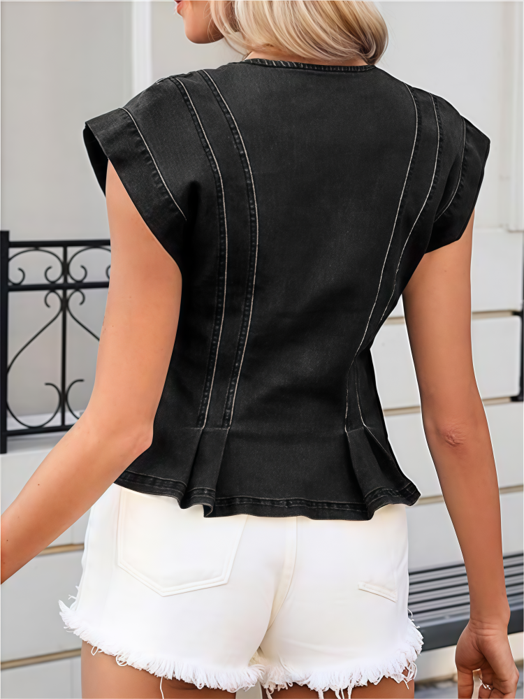 V-Neck Peplum Denim Vest - Sleeveless Button-Down Fitted Top