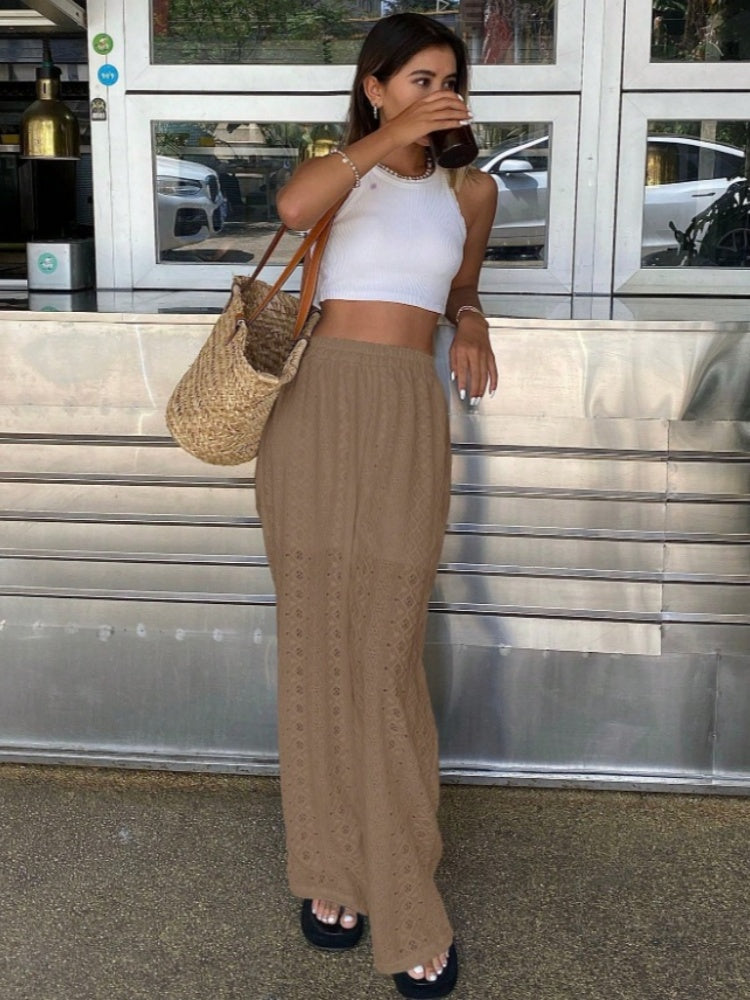 High Waisted Eyelet Lace Wide Leg Pants