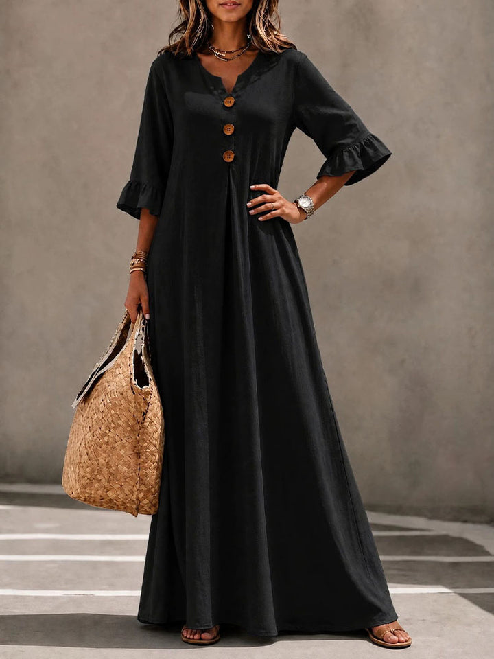 V-Neck Ruffle-Sleeve Dress with Wooden Buttons