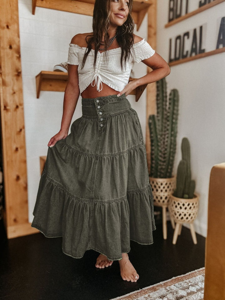 Bohemian A-Line Tiered Denim Maxi Skirt