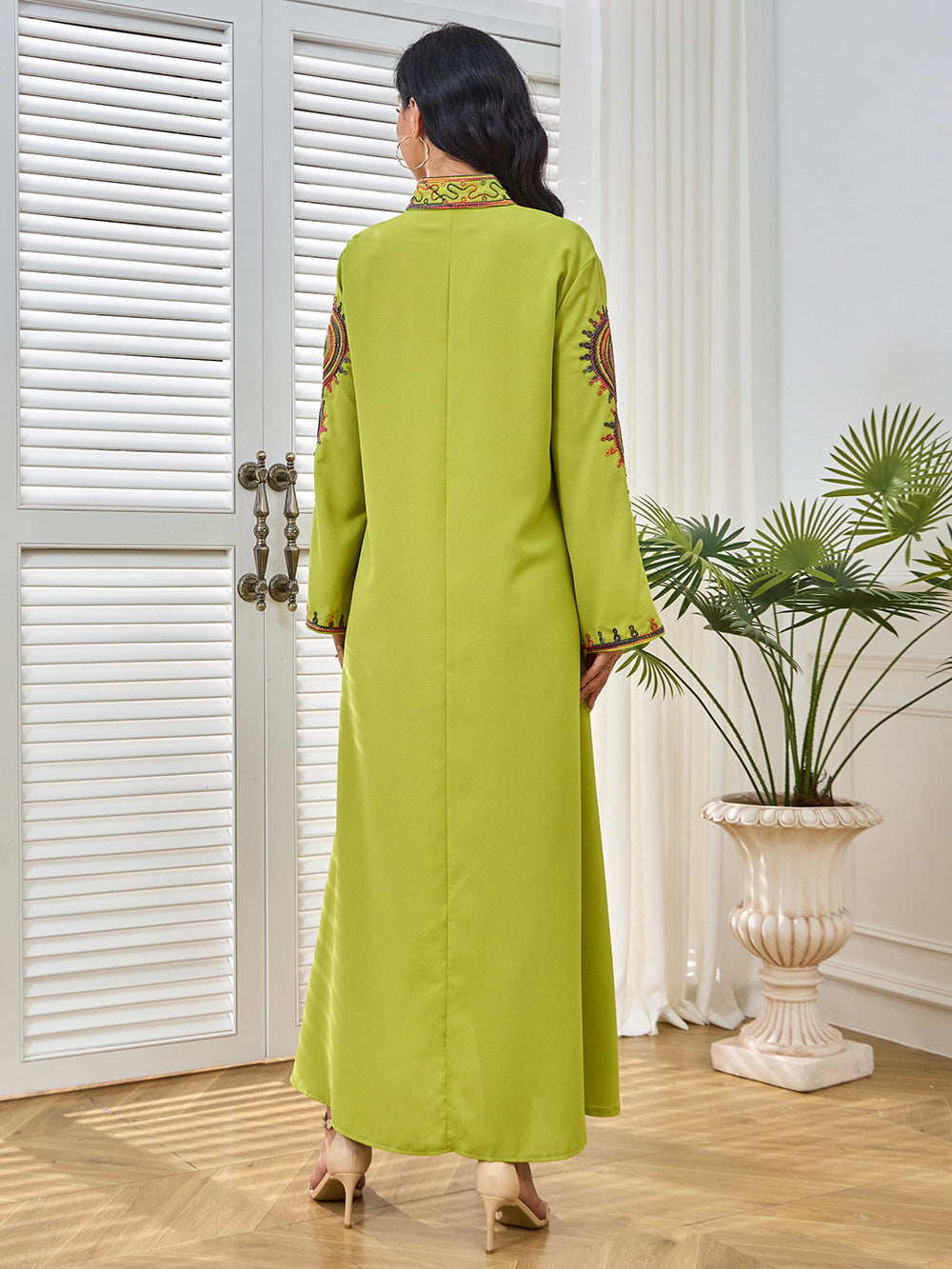 Ethnic Geometric Embroidered Abaya Maxi Dress