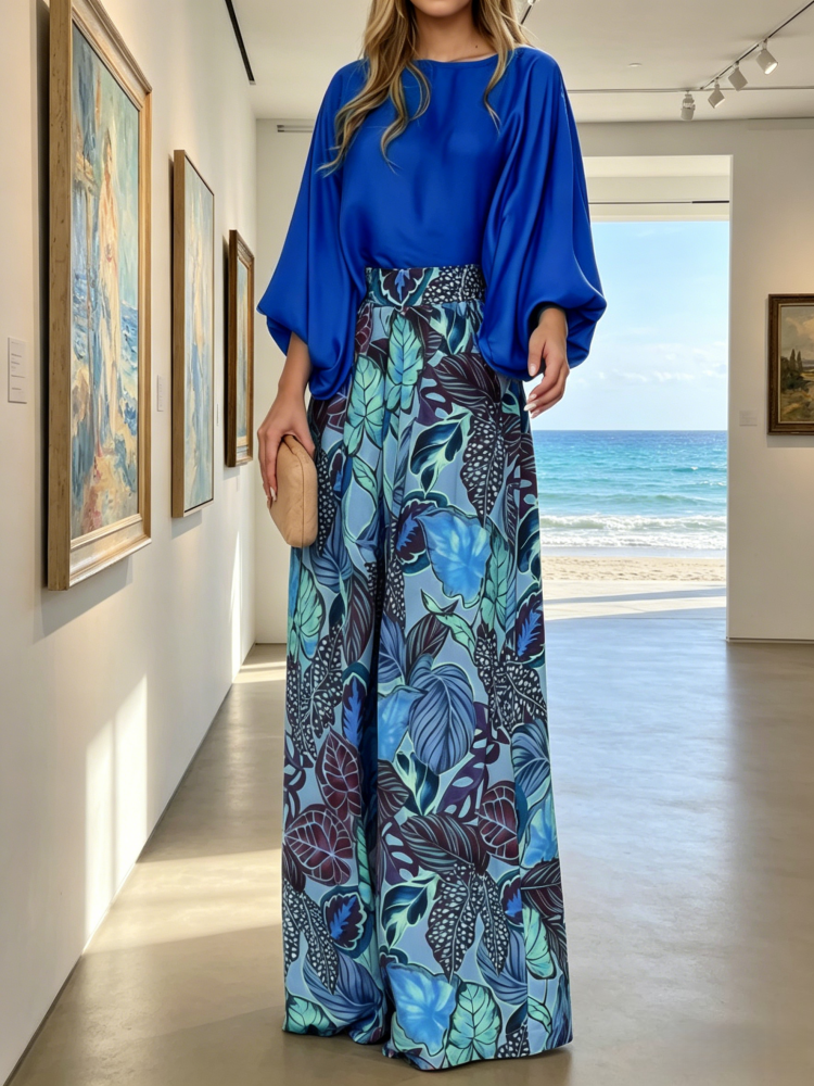 Solid Blouse &amp; Tropical Print Wide Leg Pants Two-Piece Set