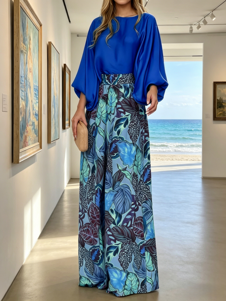 Solid Blouse &amp; Tropical Print Wide Leg Pants Two-Piece Set