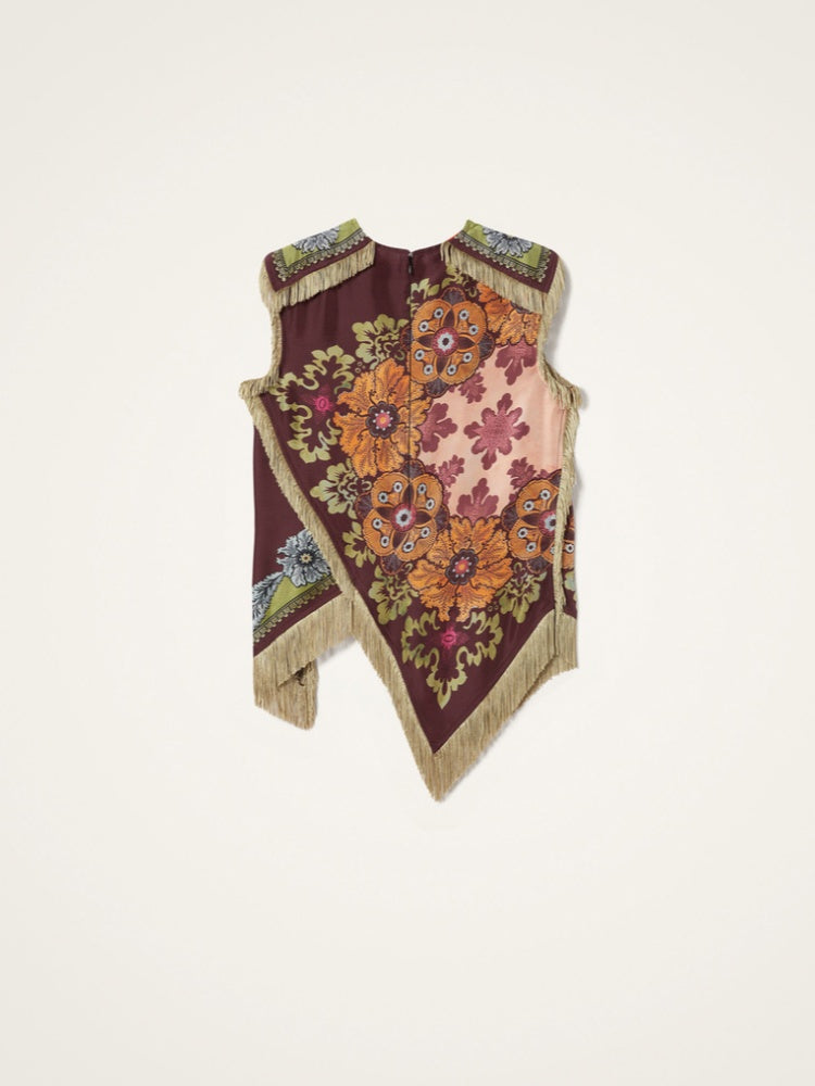 Fringed Floral Print Asymmetrical Sleeveless Top