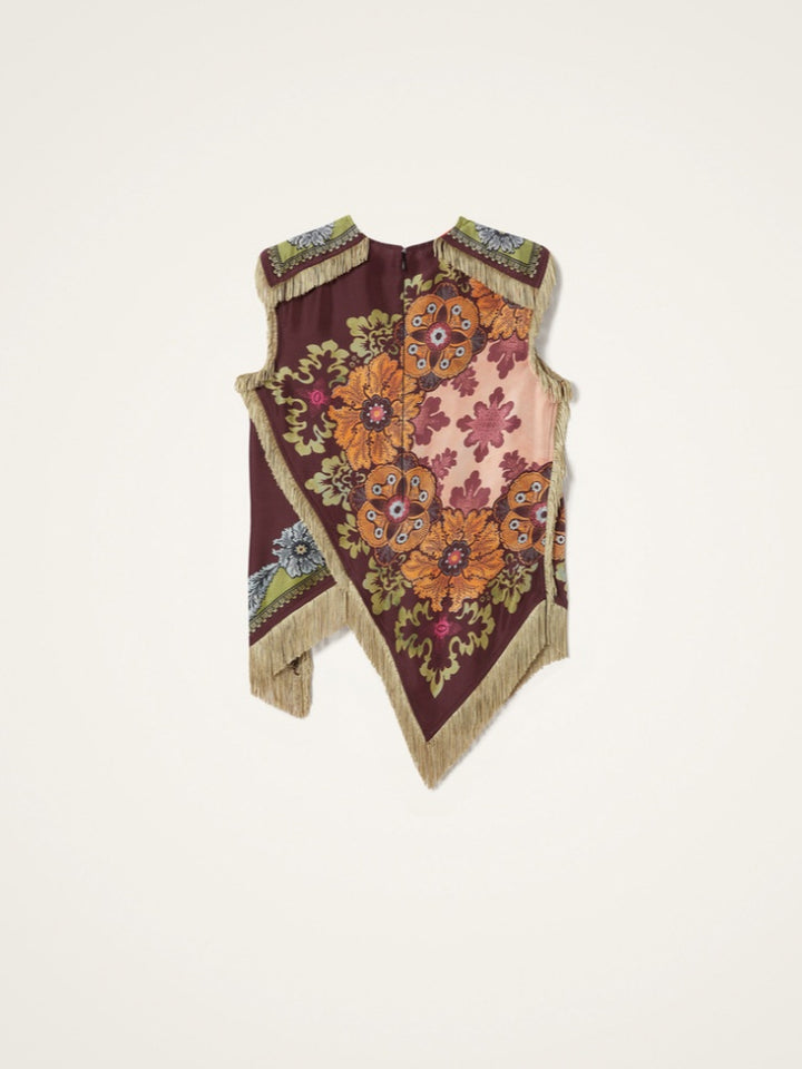 Fringed Floral Print Asymmetrical Sleeveless Top