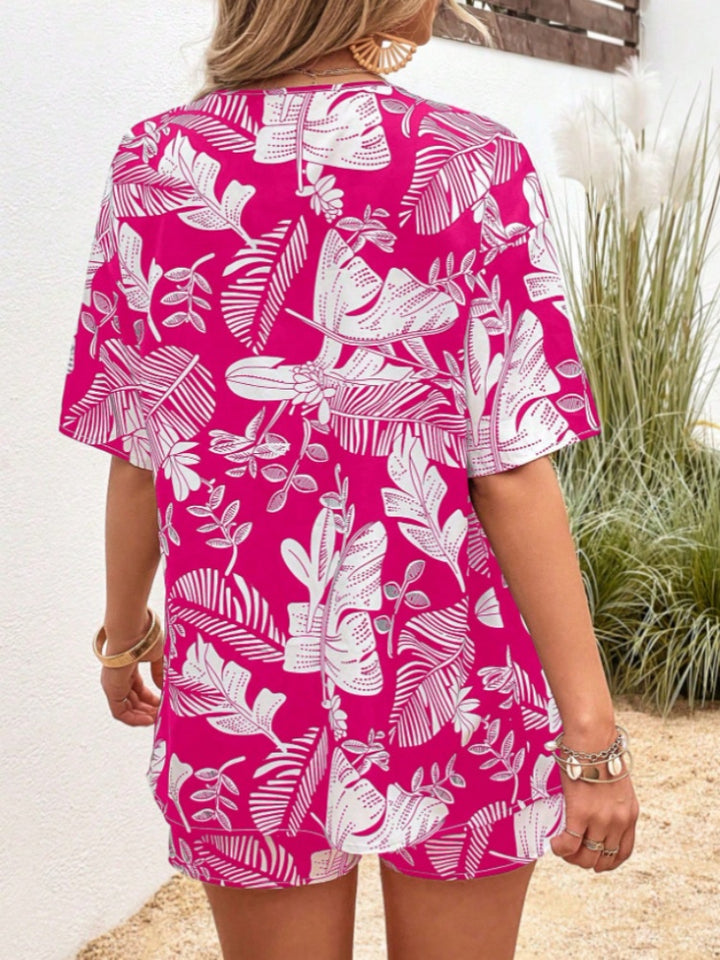 Tropical Leaf Print Open-Front Shirt &amp; Shorts Set