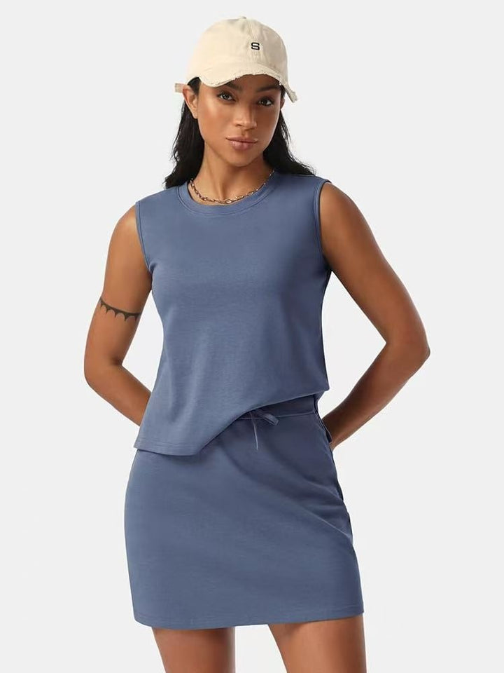 Solid Sleeveless Tank Top &amp; Drawstring Skirt 2-Piece Set