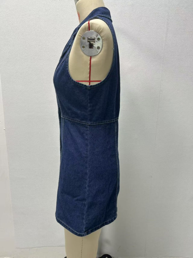 Sleeveless Blazer Collar Denim Mini Dress