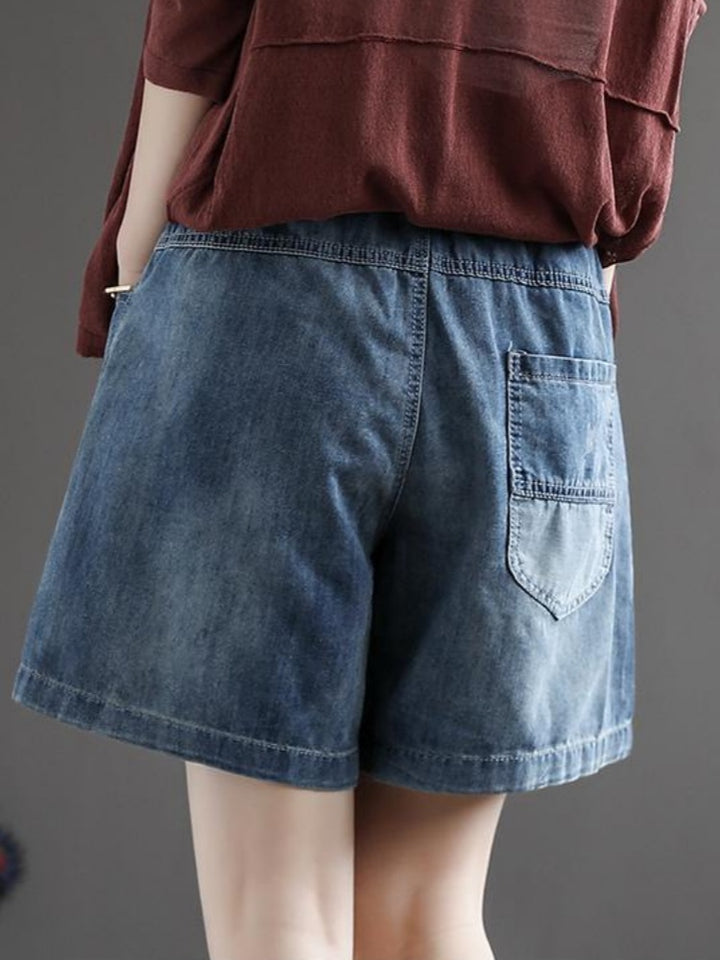 Floral Embroidered High Waisted Denim Shorts