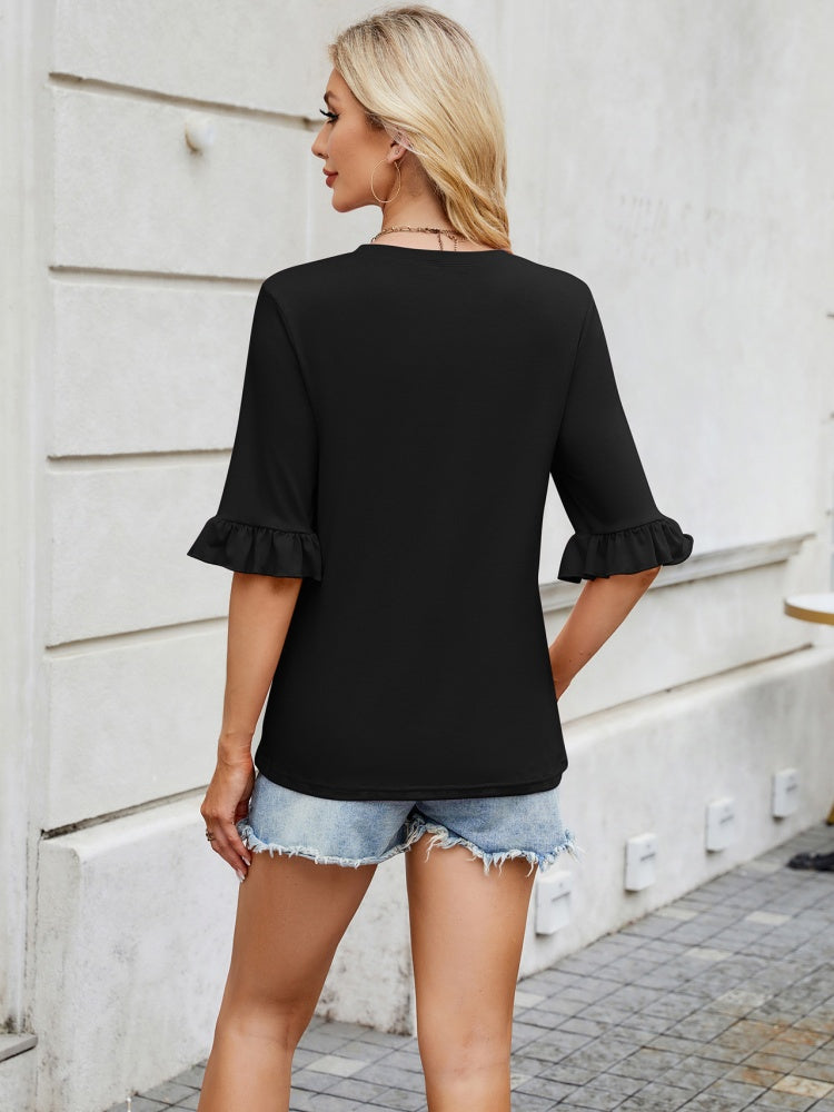 Pleated Ruffle Cuff Mid-Sleeve Blouse