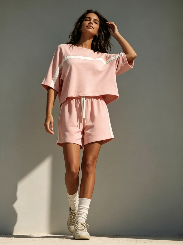 Sporty Color-Block Short Sleeve Set