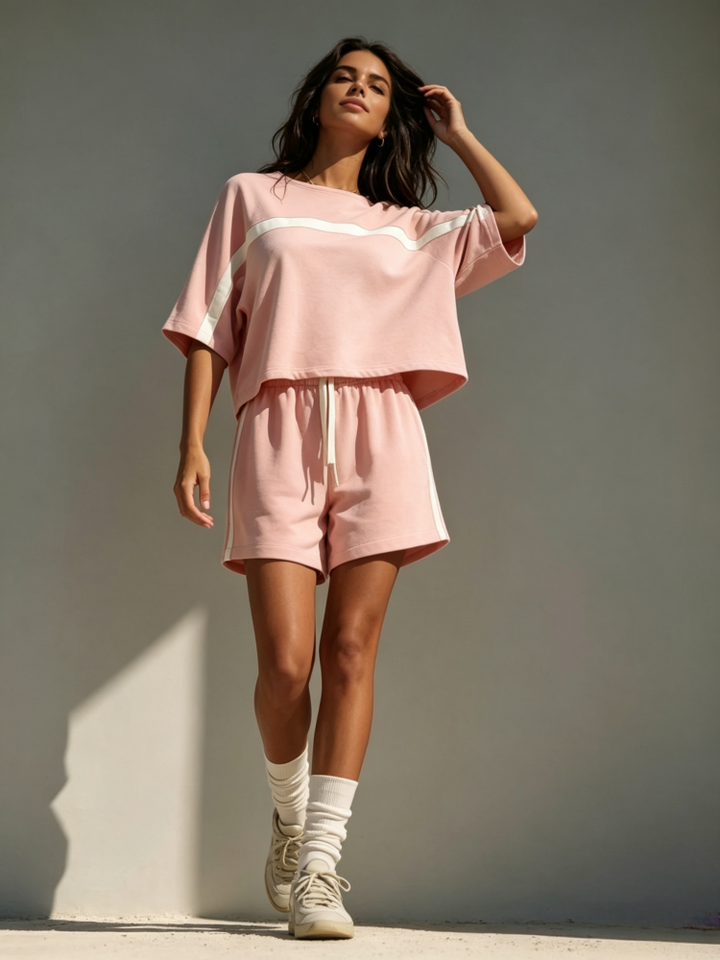 Sporty Color-Block Short Sleeve Set