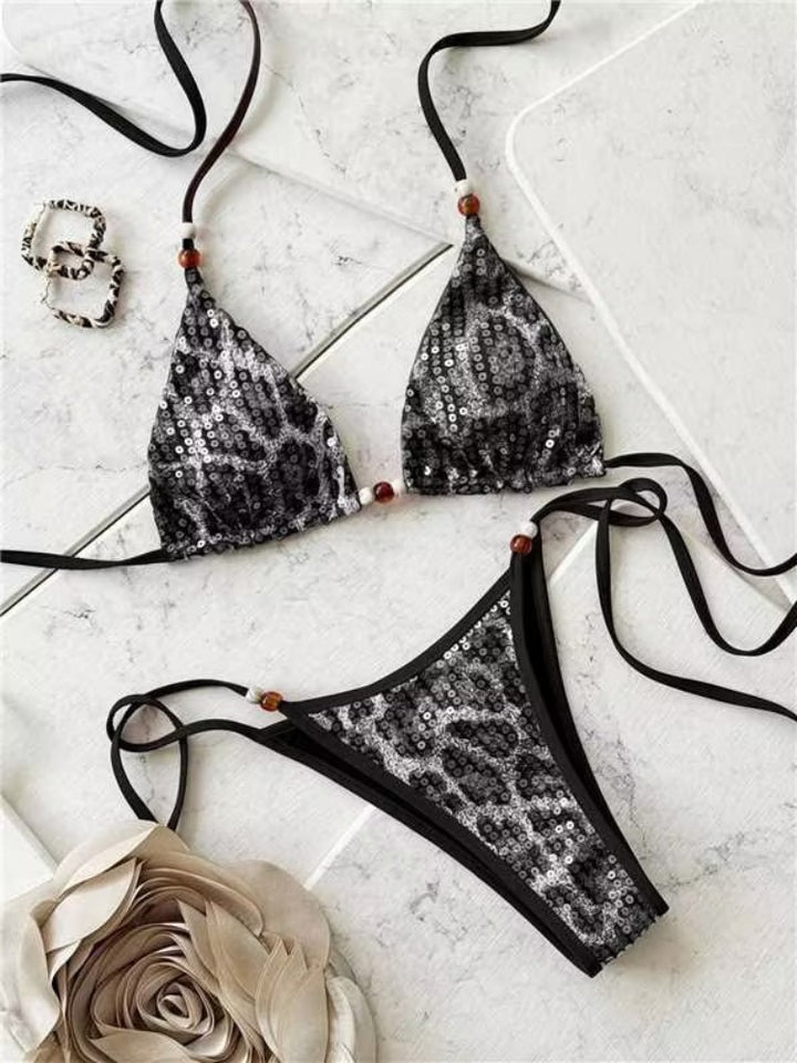 Glitter Leopard Print Halter Triangle Bikini Set