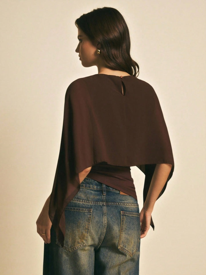 Brown Layered Chiffon Cape Top