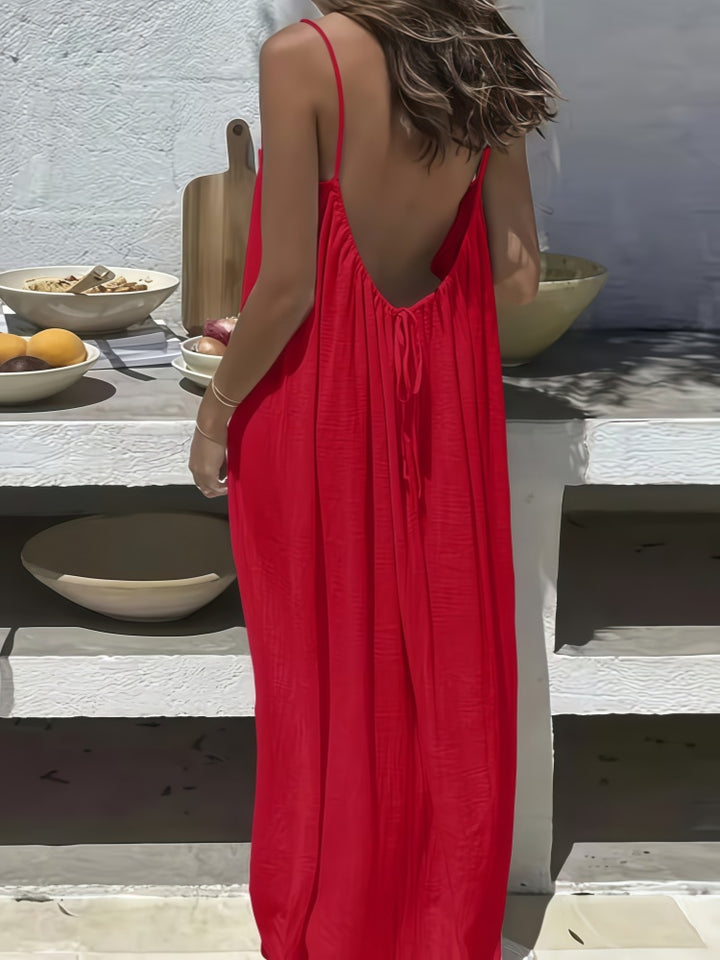 Spaghetti Strap Open Back Pleated Maxi Dress