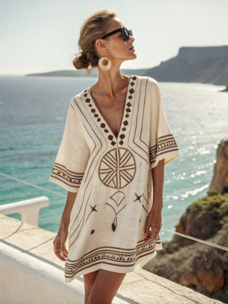 Embroidered V-Neck Beach Cover-Up Dress