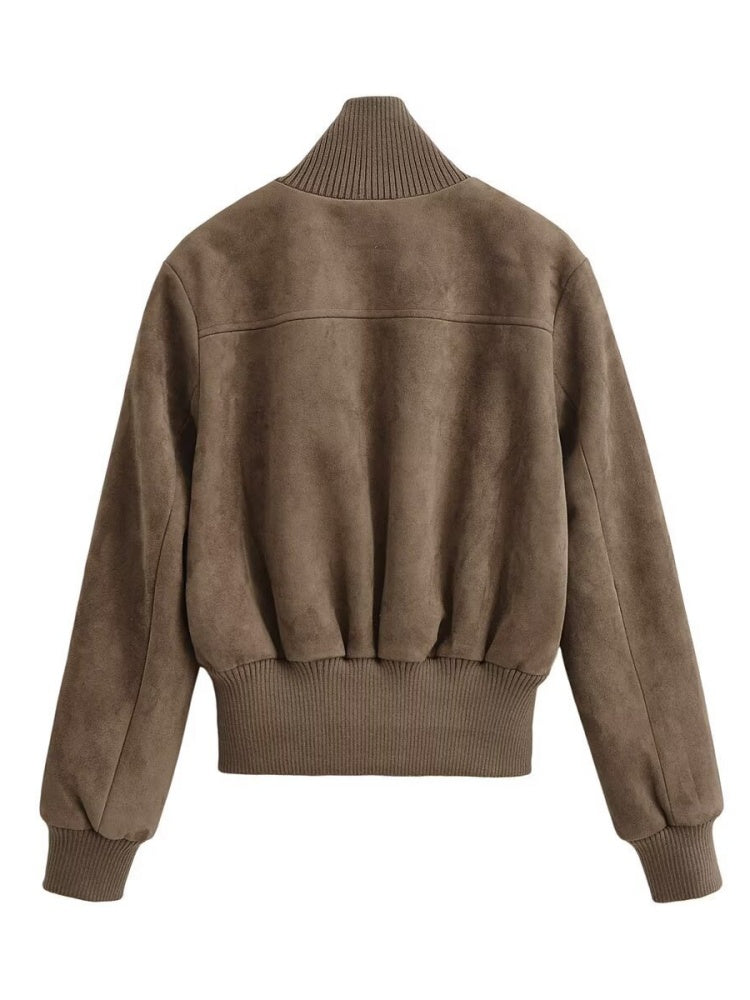 Suede Effect Ribbed Bomber Jacket