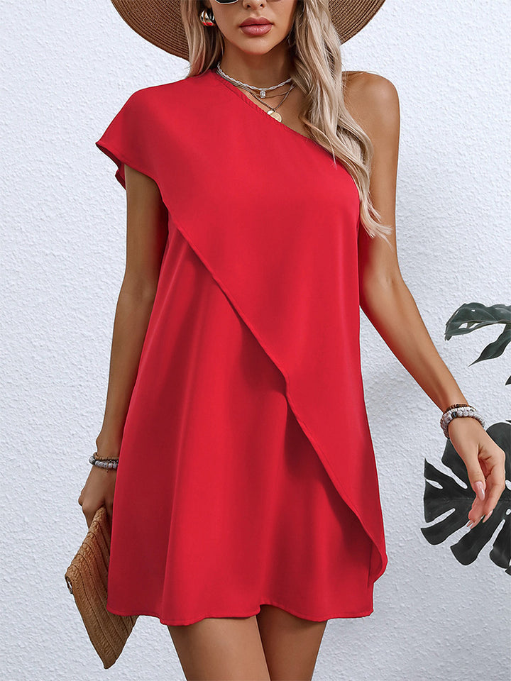 One-shoulder dress, vacation style, sleeveless A-line midi skirt