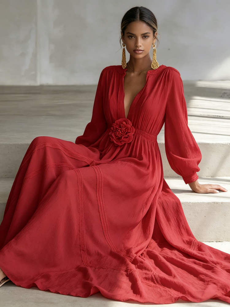 Elegant 3D Floral Cotton Linen Maxi Dress with Resort Style