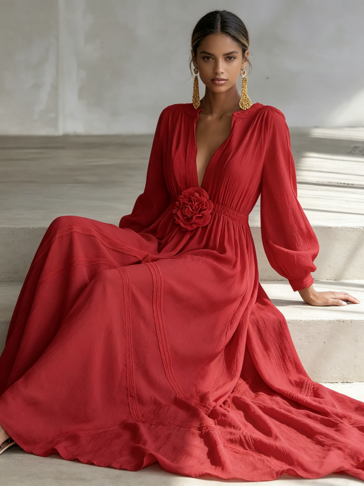 Elegant 3D Floral Cotton Linen Maxi Dress with Resort Style