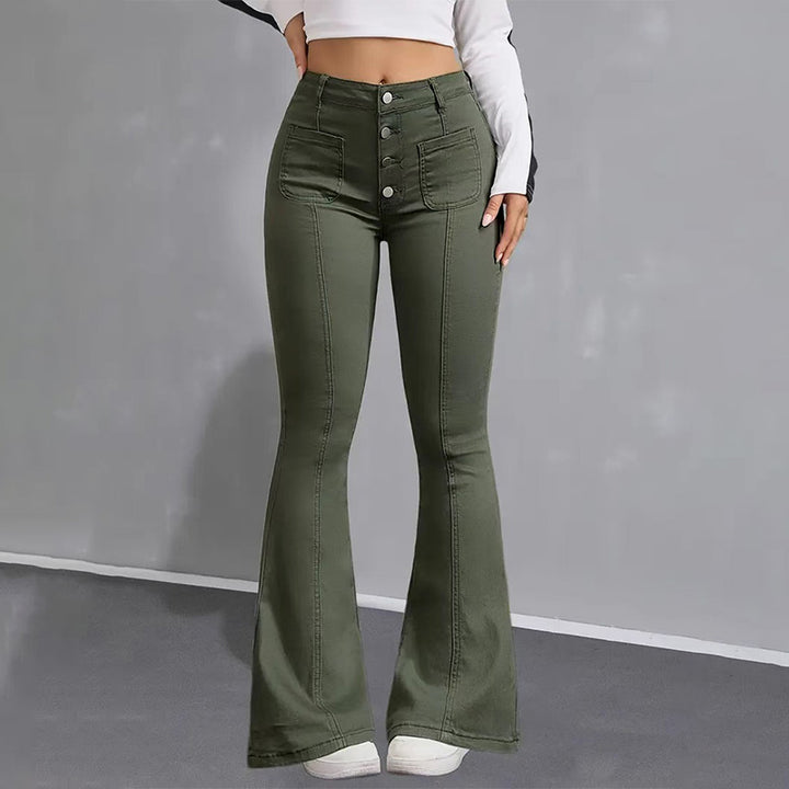 Elastic flared patchwork multi-pocket jeans