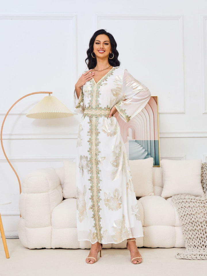 Gold Foil Floral Embroidered Abaya Maxi Dress