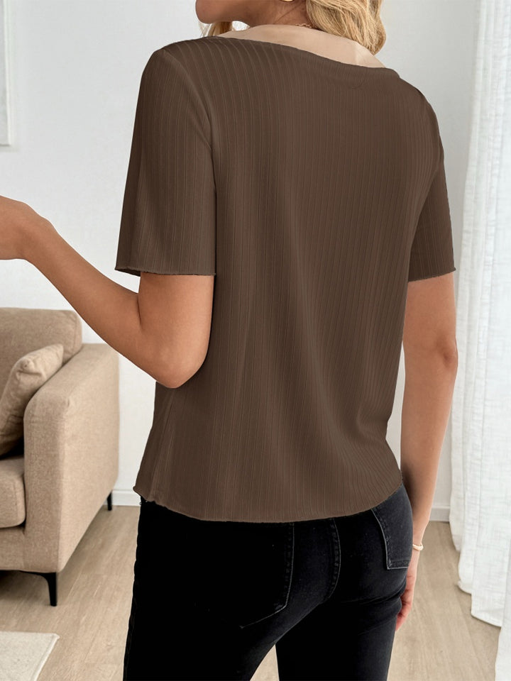Contrast Trim Button-Front Ribbed Knit Top