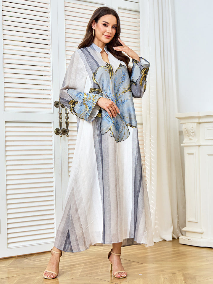 Oversized Floral Applique Striped Abaya Maxi Dress